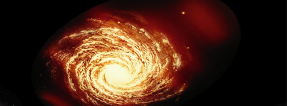 Wide illustration of a glowing orange and gold spiral galaxy against black space with a soft red nebula glow